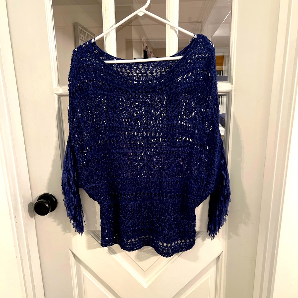 White House Black Market Blue Woven Fringe Sweater Size XS NWOT